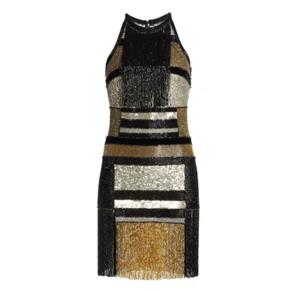 NWT NAEEM KHAN BEADED FRINGE MINI DRESS IN GOLD MULTI $5995 - Picture 3 of 11